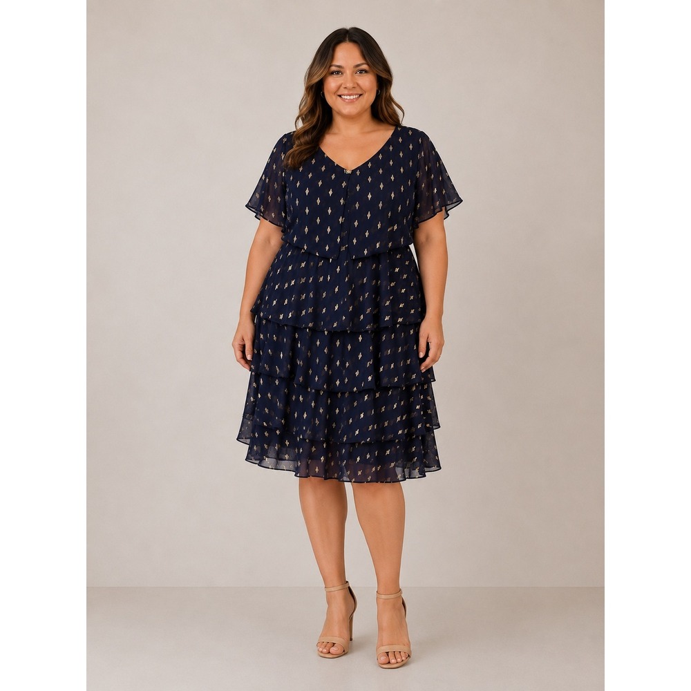 SLNY Navy Blue Tiered Maxi Dress with‎ Gold Diamond Motif